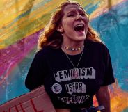 A person yelling during an LGBTQ+ protest.