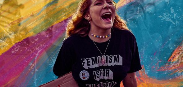 A person yelling during an LGBTQ+ protest.