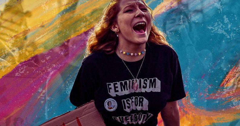 A person yelling during an LGBTQ+ protest.