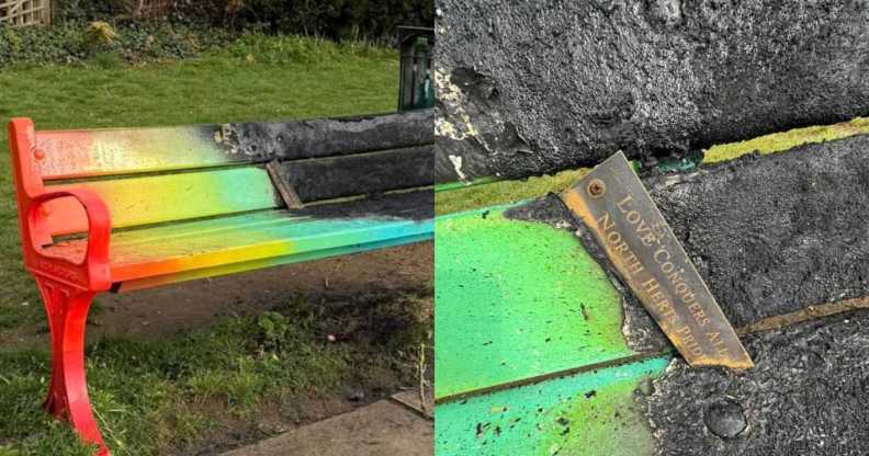 LGBTQ+ Pride bench burnt in arson attack.