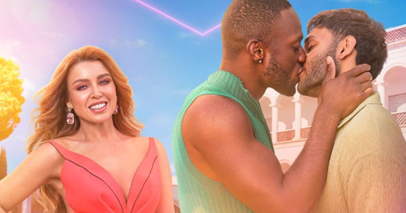 A promotional image for I Kissed A Boy featuring Dannii Minogue smiling in a red dress and two men kissing.