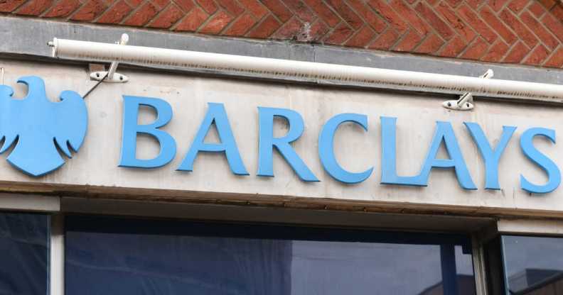 Barclays Bank store sign on building exterior, store frontage