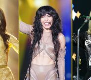 An image composite showing Conchita Wurst, Loreen and Sam Ryder on stage.