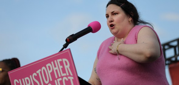 Lena Dunham speaks at the 'Trans Day of Visibility Rally' hosted by the Christopher Street Project on the National Mall in Washington, D.C. on March 31, 2025. Several hundred people gathered to listen to guest speakers and members of Congress speak against what organizers say are relentless attacks from the Trump administration on the transgender community. (Photo by Bryan Dozier / Middle East Images / Middle East Images via AFP) (Photo by BRYAN DOZIER/Middle East Images/AFP via Getty Images)