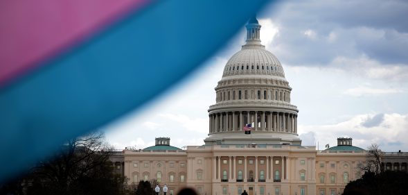 The U.S. Capitol Building is seen behind the Transgender Pride Flag during the Trans Day Of Visibility rally.