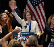 Dane County Circuit Court Judge Susan Crawford, flanked by Wisconsin Supreme Court justices, accepts victory in her race for Wisconsin Supreme Court justice on April 01, 2025 in Madison, Wisconsin. (Photo by Scott Olson/Getty Images)