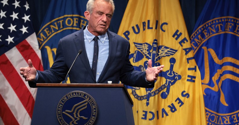 WASHINGTON, DC - APRIL 16: U.S. Secretary of Health and Human Services Robert F. Kennedy Jr. speaks during a news conference at the Department of Health and Human Services on April 16, 2025 in Washington, DC. Secretary Kennedy held a news conference to discuss the recent surge of autism cases. (Photo by Alex Wong/Getty Images)
