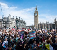 Members of the public gather in Parliament Square with banners and placards as part of the Trans Liberation emergency Protest on April 19, 2025 in London, England. The Trans Liberation Emergency Protest was called following this week's Supreme Court ruling that the legal definition of a woman should be based on biological sex.