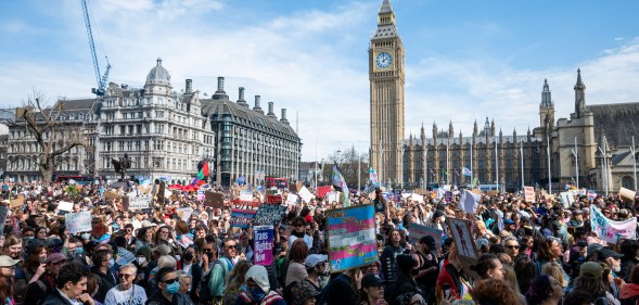 Members of the public gather in Parliament Square with banners and placards as part of the Trans Liberation emergency Protest on April 19, 2025 in London, England. The Trans Liberation Emergency Protest was called following this week's Supreme Court ruling that the legal definition of a woman should be based on biological sex.