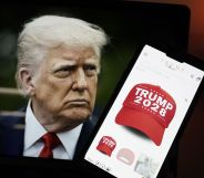 This photo illustration, taken on April 24, 2025, in Washington, DC, shows an image of US President Donald Trump alongside a smartphone displaying a red 'Trump 2028' cap on the Trump Store website. Donald Trump's online store is selling clothing emblazoned "Trump 2028," the year of the next US presidential election, in which the Republican is constitutionally banned from running. The 78-year-old, who has seen his approval rating sink in recent opinion polls, has not ruled out serving a third term -- though most spectators consider that highly unlikely. (Photo by Oliver Contreras / AFP) (Photo by OLIVER CONTRERAS/AFP via Getty Images)