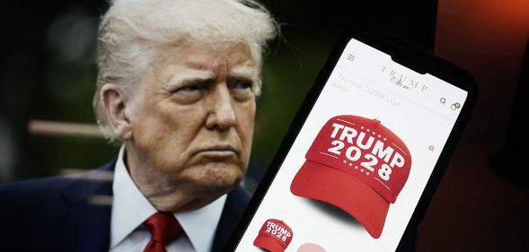 This photo illustration, taken on April 24, 2025, in Washington, DC, shows an image of US President Donald Trump alongside a smartphone displaying a red 'Trump 2028' cap on the Trump Store website. Donald Trump's online store is selling clothing emblazoned "Trump 2028," the year of the next US presidential election, in which the Republican is constitutionally banned from running. The 78-year-old, who has seen his approval rating sink in recent opinion polls, has not ruled out serving a third term -- though most spectators consider that highly unlikely. (Photo by Oliver Contreras / AFP) (Photo by OLIVER CONTRERAS/AFP via Getty Images)