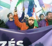 Protestors in Budapest, Hungary, signalling their opposition to a Pride march ban bill.