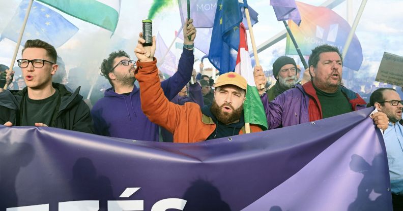 Protestors in Budapest, Hungary, signalling their opposition to a Pride march ban bill.