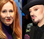 A split image of JK Rowling and Boy George.