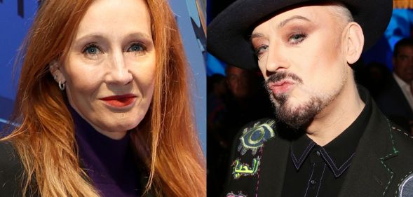 A split image of JK Rowling and Boy George.