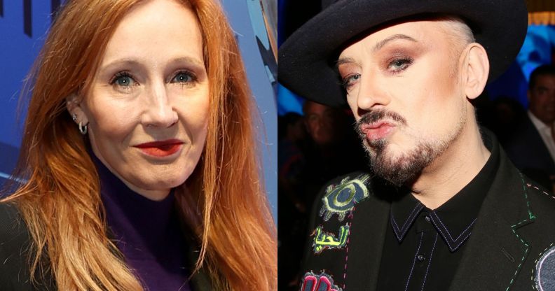 A split image of JK Rowling and Boy George.