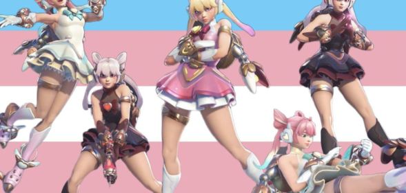 An edited picture of Overwatch 2 character Juno overlayed on a trans pride flag.