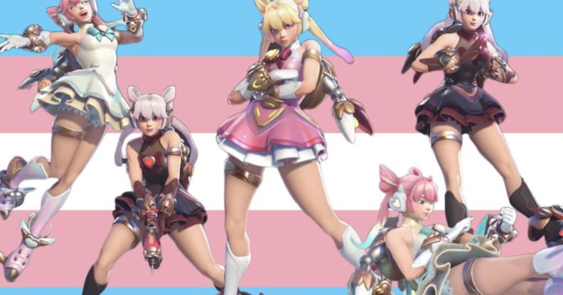 An edited picture of Overwatch 2 character Juno overlayed on a trans pride flag.