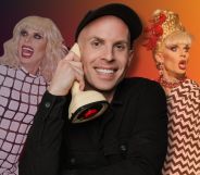 Katya out of a drag in a black top and black cap, smiling as she holds a phone. Next to her are faded photos of her in drag performing in black and white dresses. All three images are against a black and orange background.