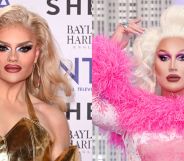 On the left, Kitty Scott Claus in long blonde hair and a sleeveless gold dress. On the right, The Vivienne holds her hand above her head while wearing a velvet pink dress with fluffy pink trim.