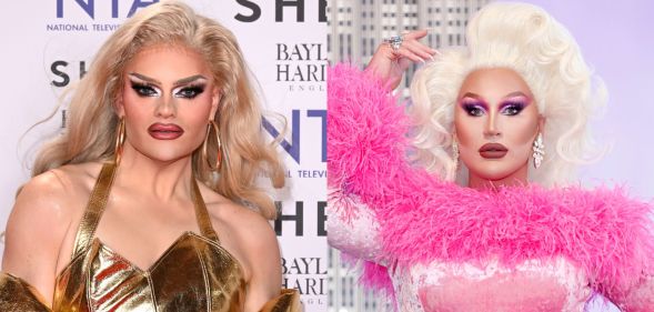 On the left, Kitty Scott Claus in long blonde hair and a sleeveless gold dress. On the right, The Vivienne holds her hand above her head while wearing a velvet pink dress with fluffy pink trim.