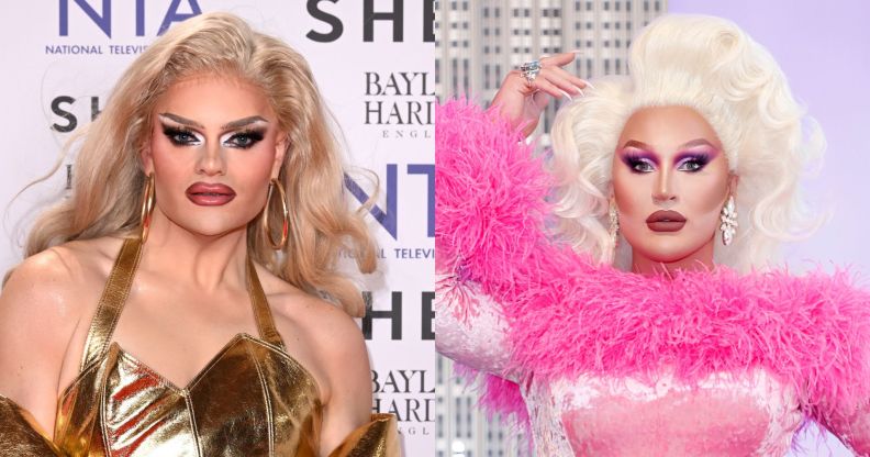 On the left, Kitty Scott Claus in long blonde hair and a sleeveless gold dress. On the right, The Vivienne holds her hand above her head while wearing a velvet pink dress with fluffy pink trim.