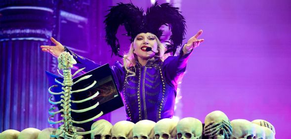 Lady Gaga performs with a skeleton piano at Coachella