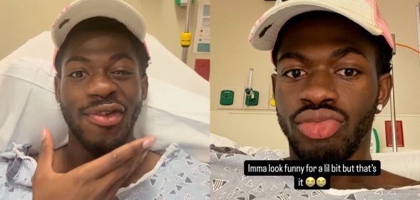 Lil Nas X showing off his paralysed face while in a hospital gown.