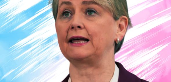 An edited picture of Yvette Cooper in front of a trans background.