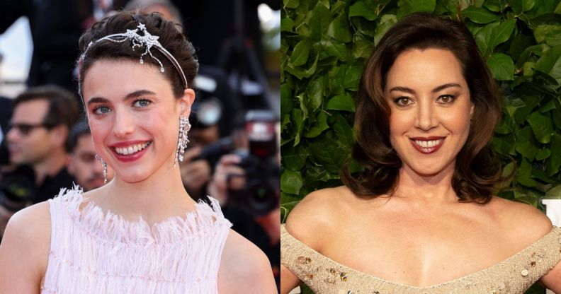 Margaret Qualley (left), who was in The Substance cast, smiles on the red carpet at Cannes Film Festival in 2024. She is wearing a pink dress and her hair up with a pink headband. On the right, Aubrey Plaza in a gold dress smiles and poses against a leafy background.
