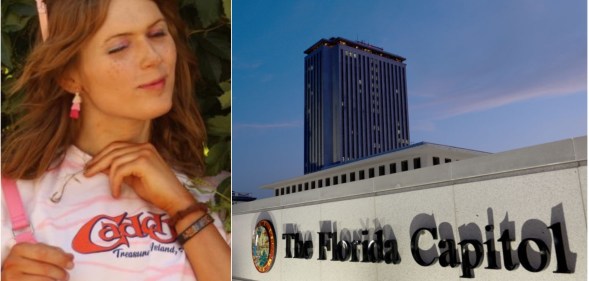 Marcy Rheintgen pictured on the left, the Florida Capitol exterior on the right