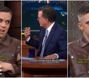 Three images of Cole Escola chatting to Stephen Colbert about his straight character