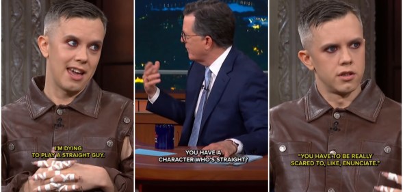 Three images of Cole Escola chatting to Stephen Colbert about his straight character