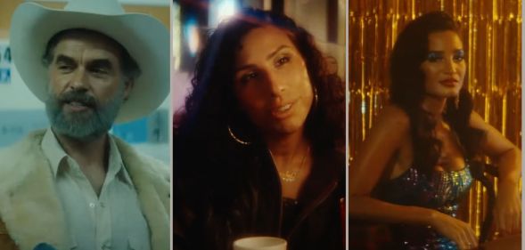 A three image composite featuring murray Bartlett, River Gallo, and Indya Moore in stills from Ponyboi.