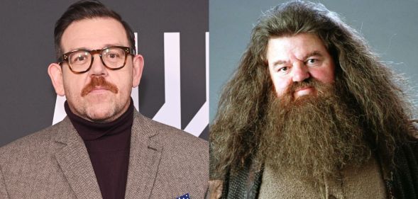 Nick Frost in a brown turtle neck and blazer and glasses, posing on a red carpet. On the right, Robbie Coltrane as Hagrid in Harry Potter.