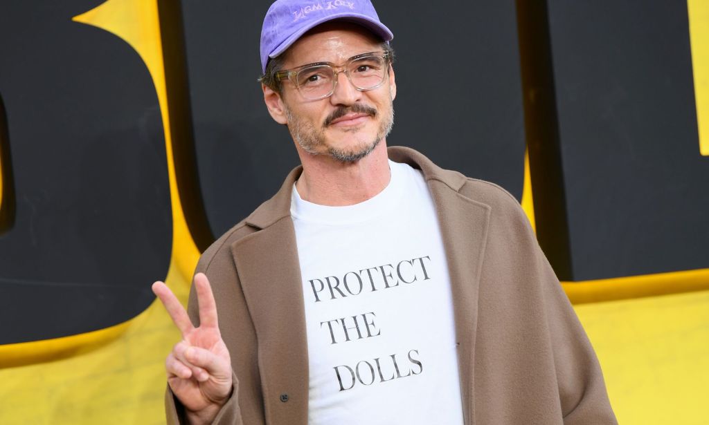 Pedro Pascal wearing his 'Protect the Dolls' shirt.