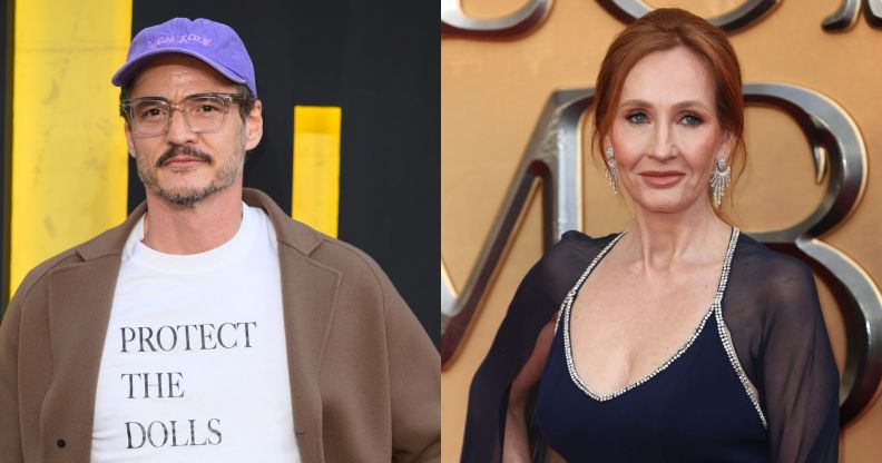 On the left, Pedro Pascal in a 'Protect The Dolls' t-shirt. On the right, JK Rowling in a black dress and sheer cape.