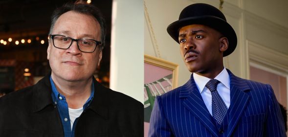 Russell T Davies on the left smiles while wearing glasses, a black jacket, blue shirt and white t-shirt. On the right, Ncuti Gatwa as the Doctor in a still from Doctor Who. He is wearing a dark blue suit and tie with a black hat.