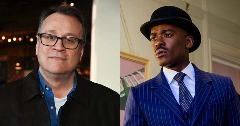 Russell T Davies on the left smiles while wearing glasses, a black jacket, blue shirt and white t-shirt. On the right, Ncuti Gatwa as the Doctor in a still from Doctor Who. He is wearing a dark blue suit and tie with a black hat.