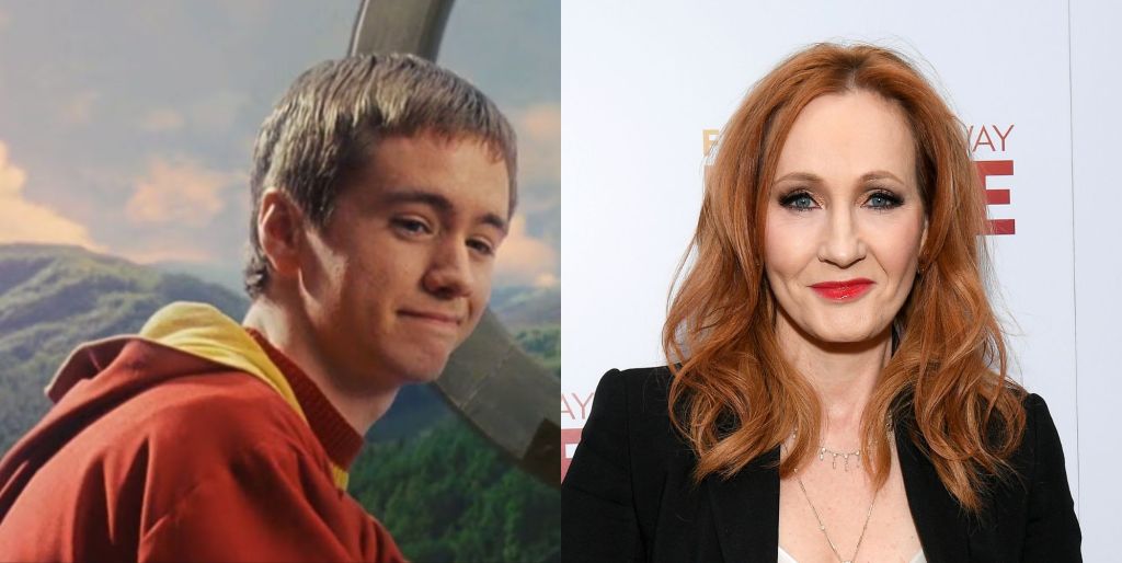 On the left, a still from Harry Potter of Sean Biggerstaff as Oliver Wood in the Harry Potter films. On the right, JK Rowling in a black blazer at a 2019 film premiere.