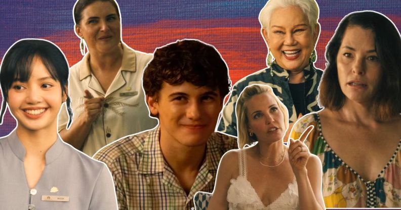 An image composite featuring The White Lotus stars Lisa, Morgana O'Reilly, Sam Nivola, Leslie Bibb, Lek Patravadi, and Parker Posey.