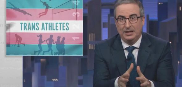 Screenshot of John Oliver speaking about trans athletes on Last Week Tonight