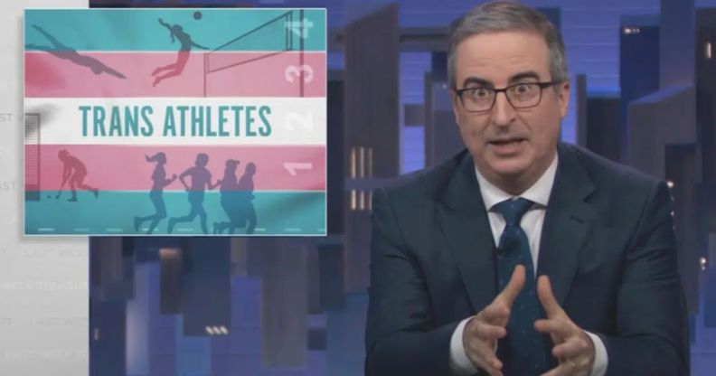 Screenshot of John Oliver speaking about trans athletes on Last Week Tonight