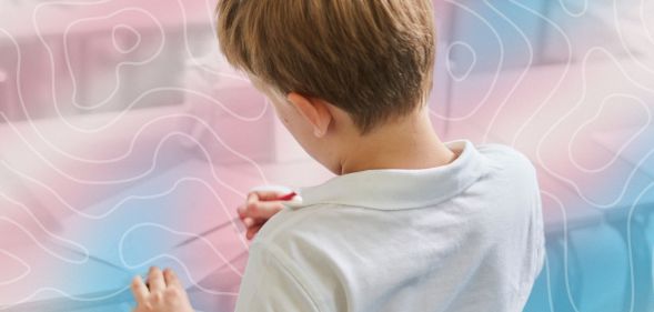 A pupil in a classroom with a trans-themed graphic.