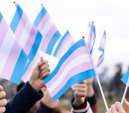 Many people holding transgender flags high in the sky