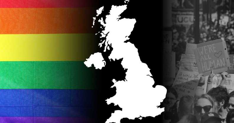 A map of the UK in front of a Pride flag which turns to a greyscale image of a trans protest