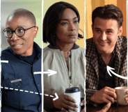 9-1-1's Chim, Hen, Athena, Eddie and Buck's heads being connected by arrows with a rainbow background.