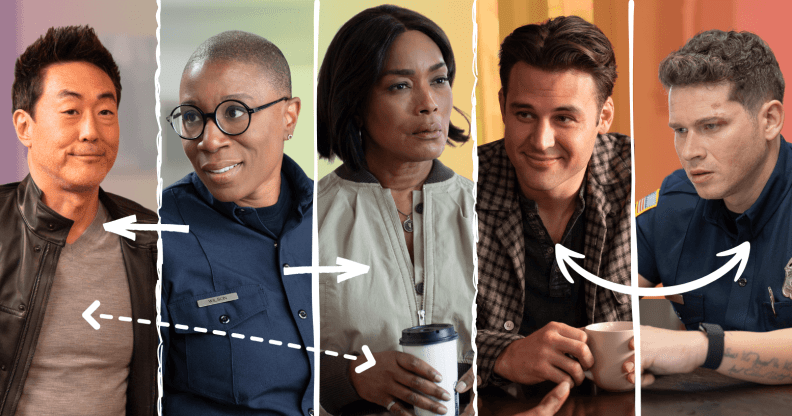 9-1-1's Chim, Hen, Athena, Eddie and Buck's heads being connected by arrows with a rainbow background.