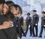 A collage of the 118 and others walking in line, Athena, May and Harry hugging and an LA street in the background