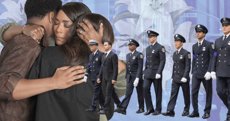 A collage of the 118 and others walking in line, Athena, May and Harry hugging and an LA street in the background